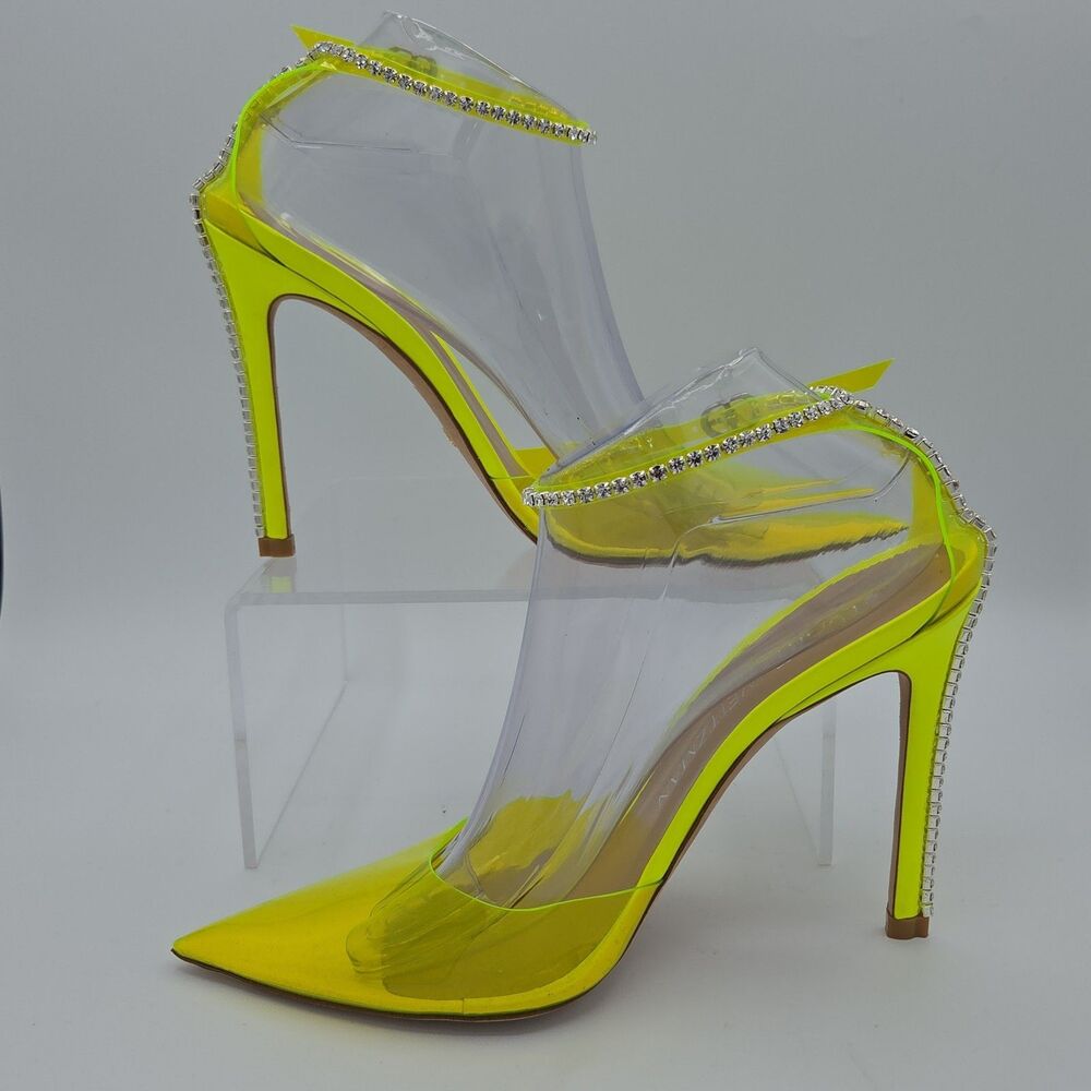Stuart Weitzman Glam 100 Neon Yellow PVC Crystal Strap Pump Heel Size 10 EU 40.5